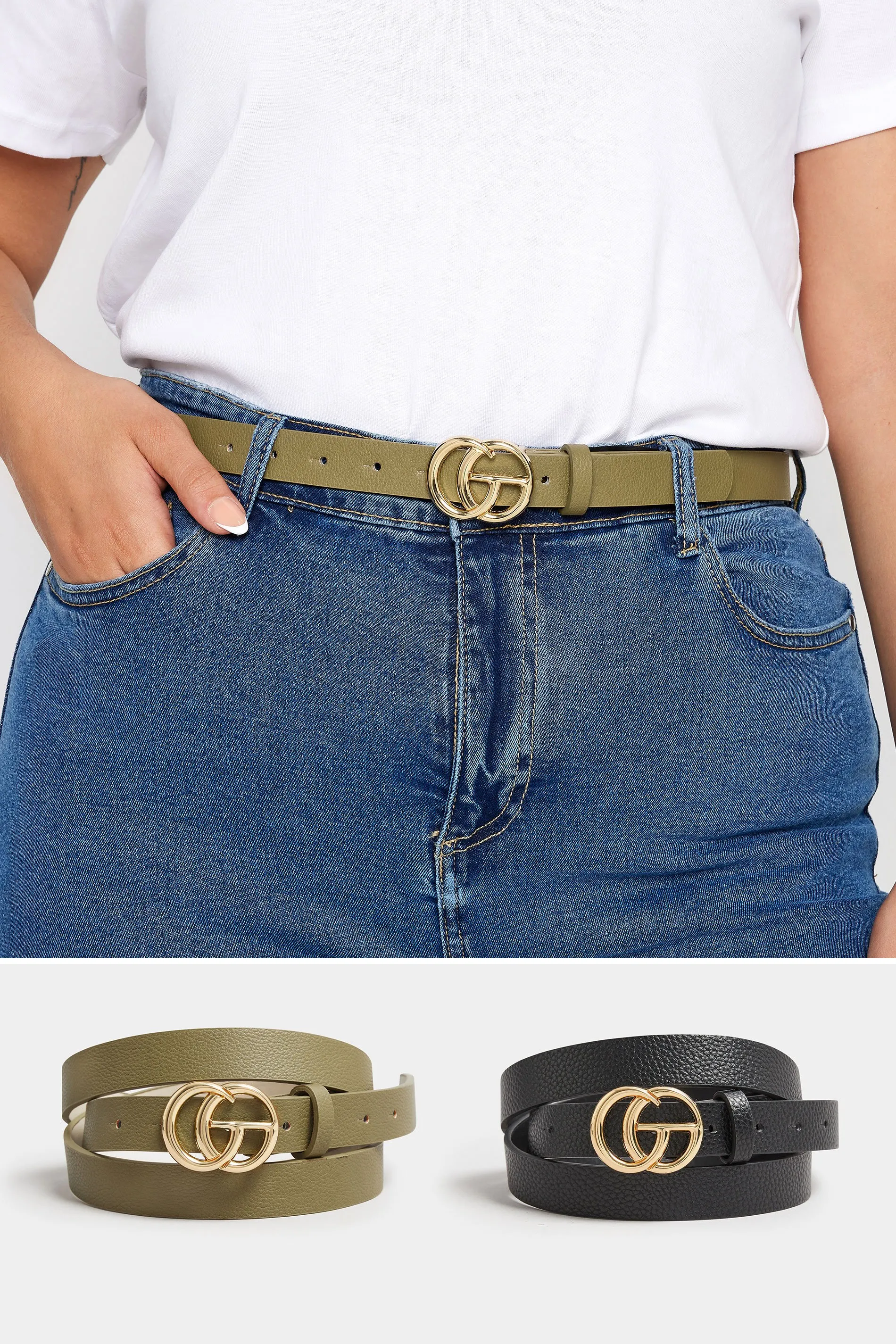 2 PACK Black & Khaki Green Gold Buckle Belts