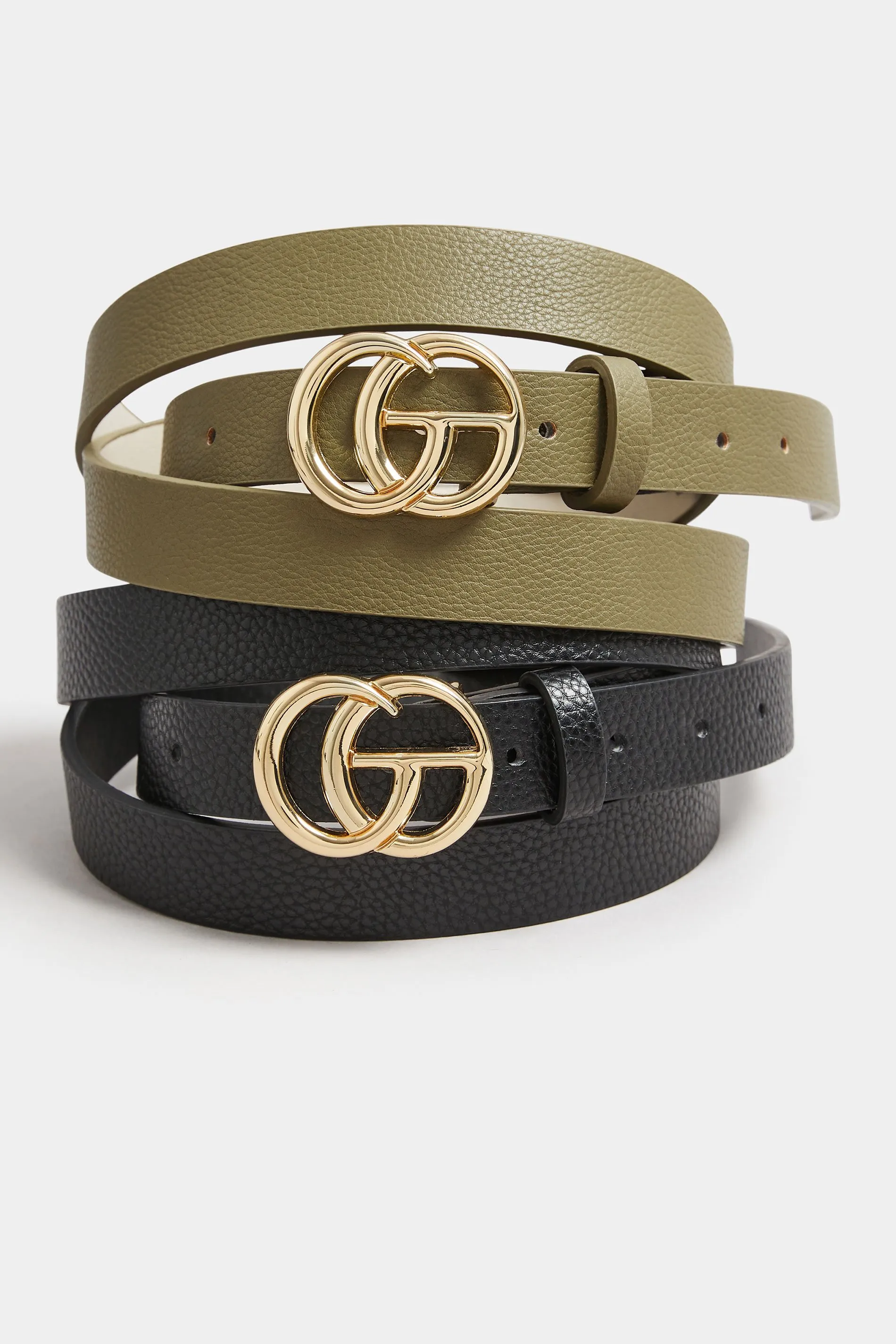 2 PACK Black & Khaki Green Gold Buckle Belts