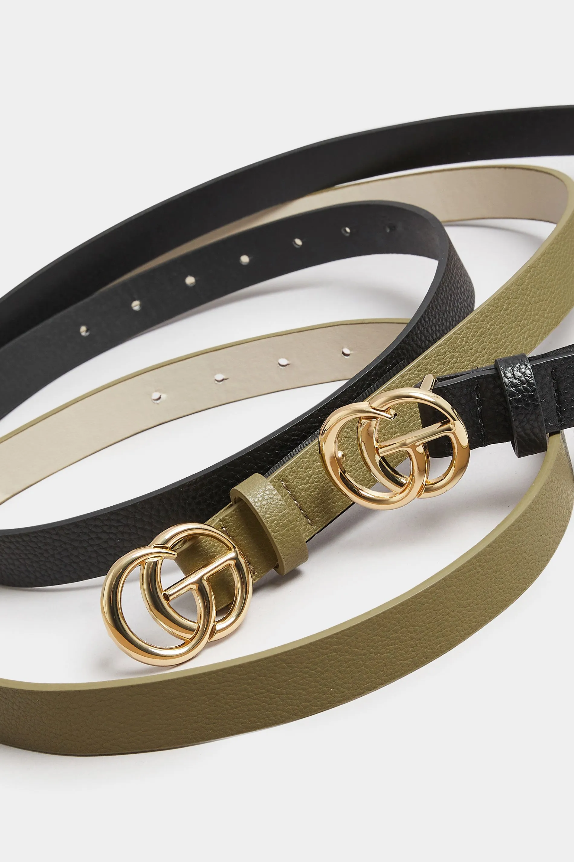 2 PACK Black & Khaki Green Gold Buckle Belts