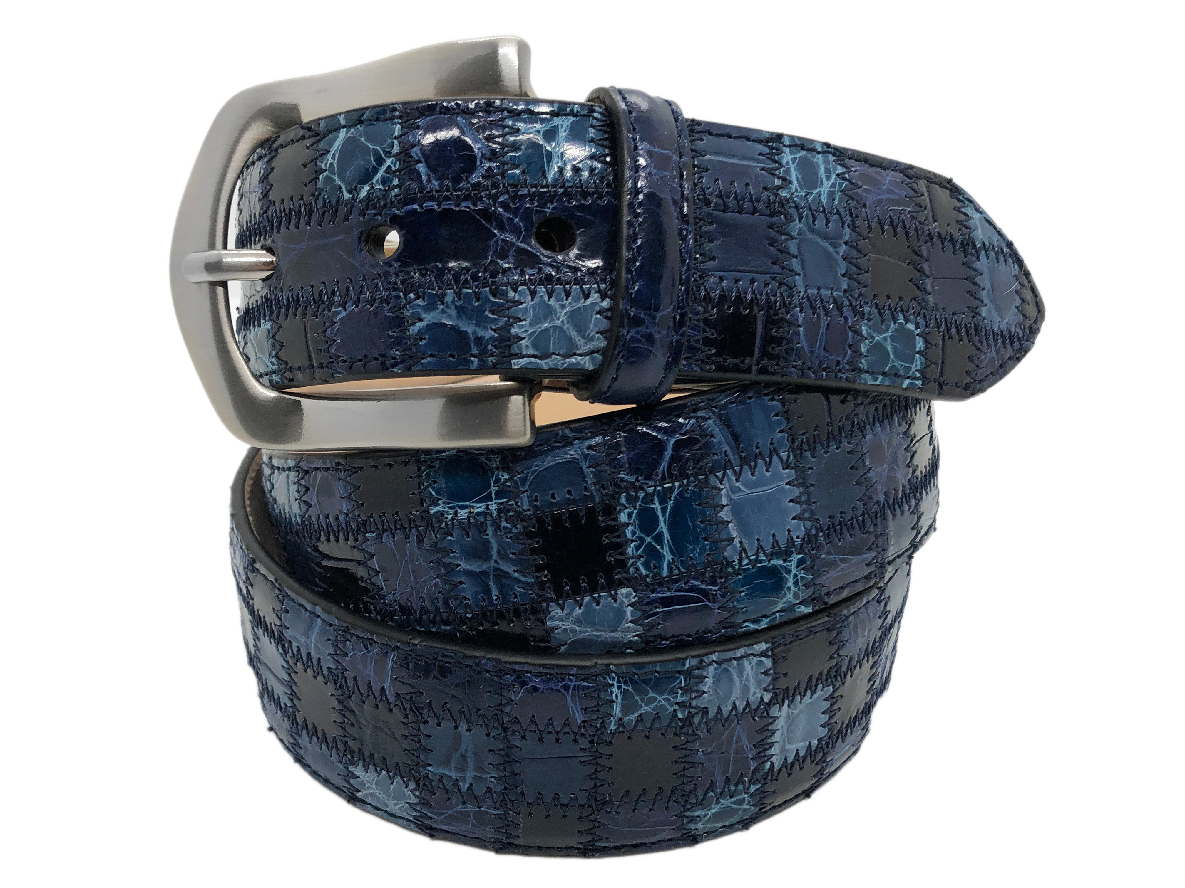 Alligator Caiman Lizard Multi-skin Patchwork Belt Blue