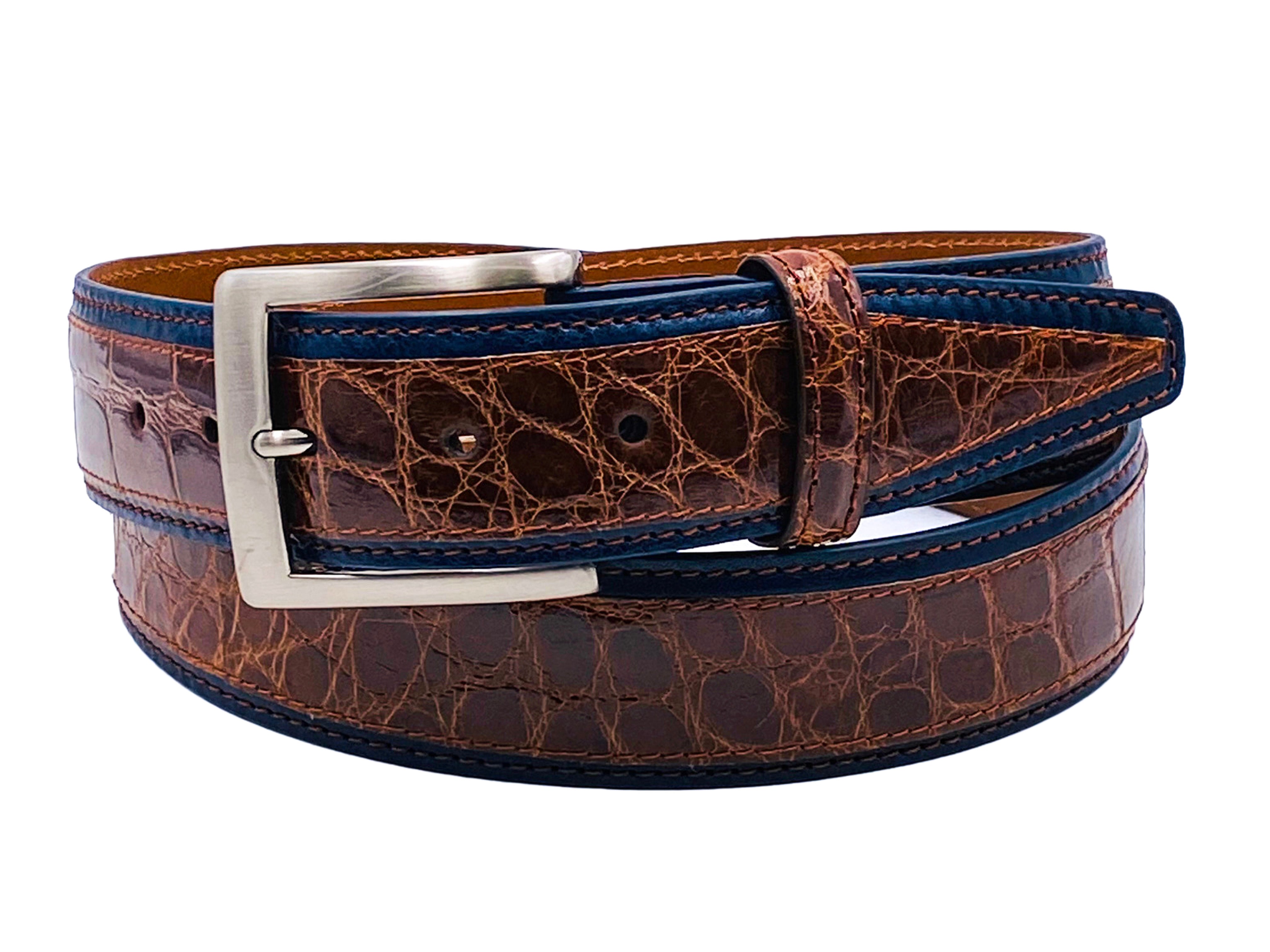 Alligator Calf Duo-Skin Handpainted Belt Navy/Cognac