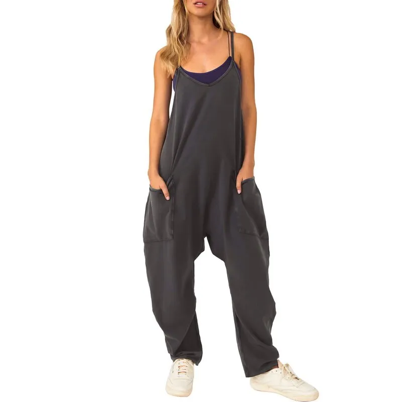 Ashore Shop Woman Casual Jumpsuit Women Casual Loose Long Bib Pants Wide Leg 2 Zipper Jumpsuits Baggy Rompers Overalls With Pock