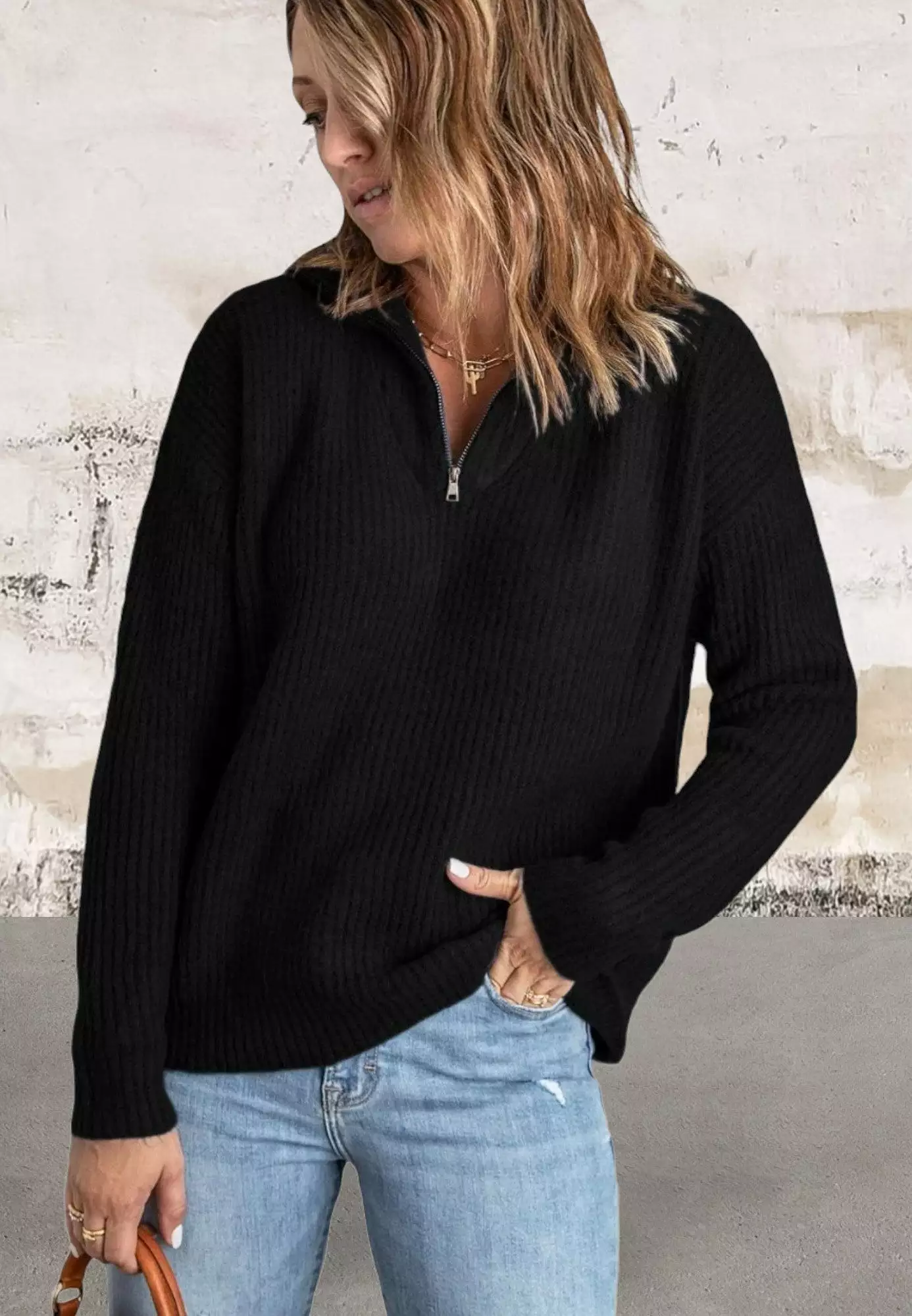 Black Zip Neck Knitted Sweater