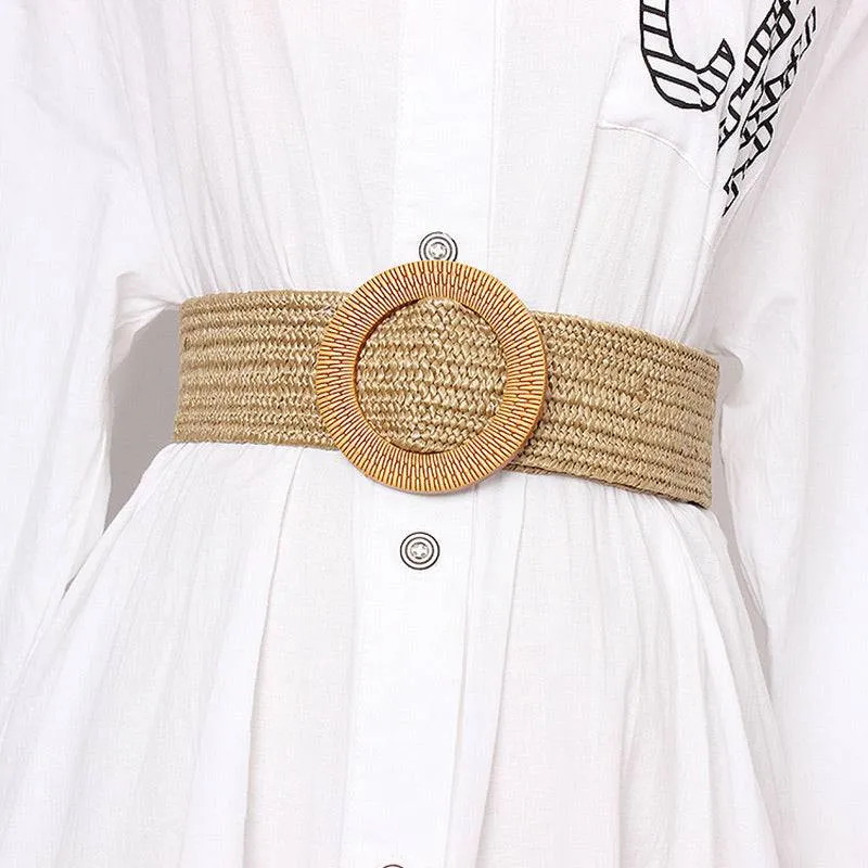 Brown Wide Striped Straw Round Buckle Belt