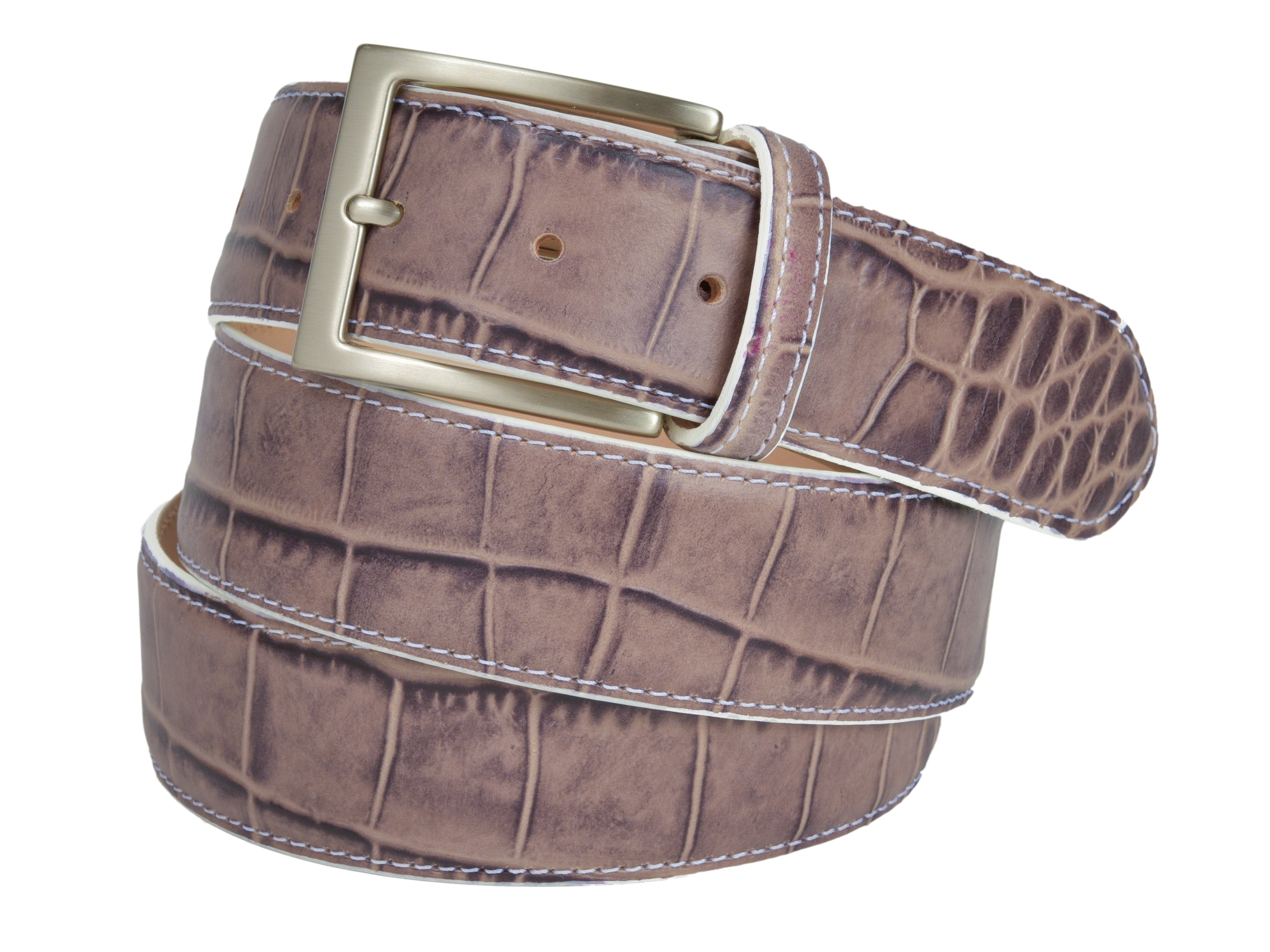 Calf Skin Alligator Embossed Belt Taupe / White Stitch