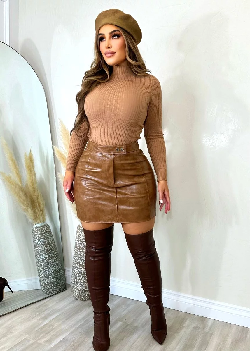 Call It Out Faux Leather Skirt Brown