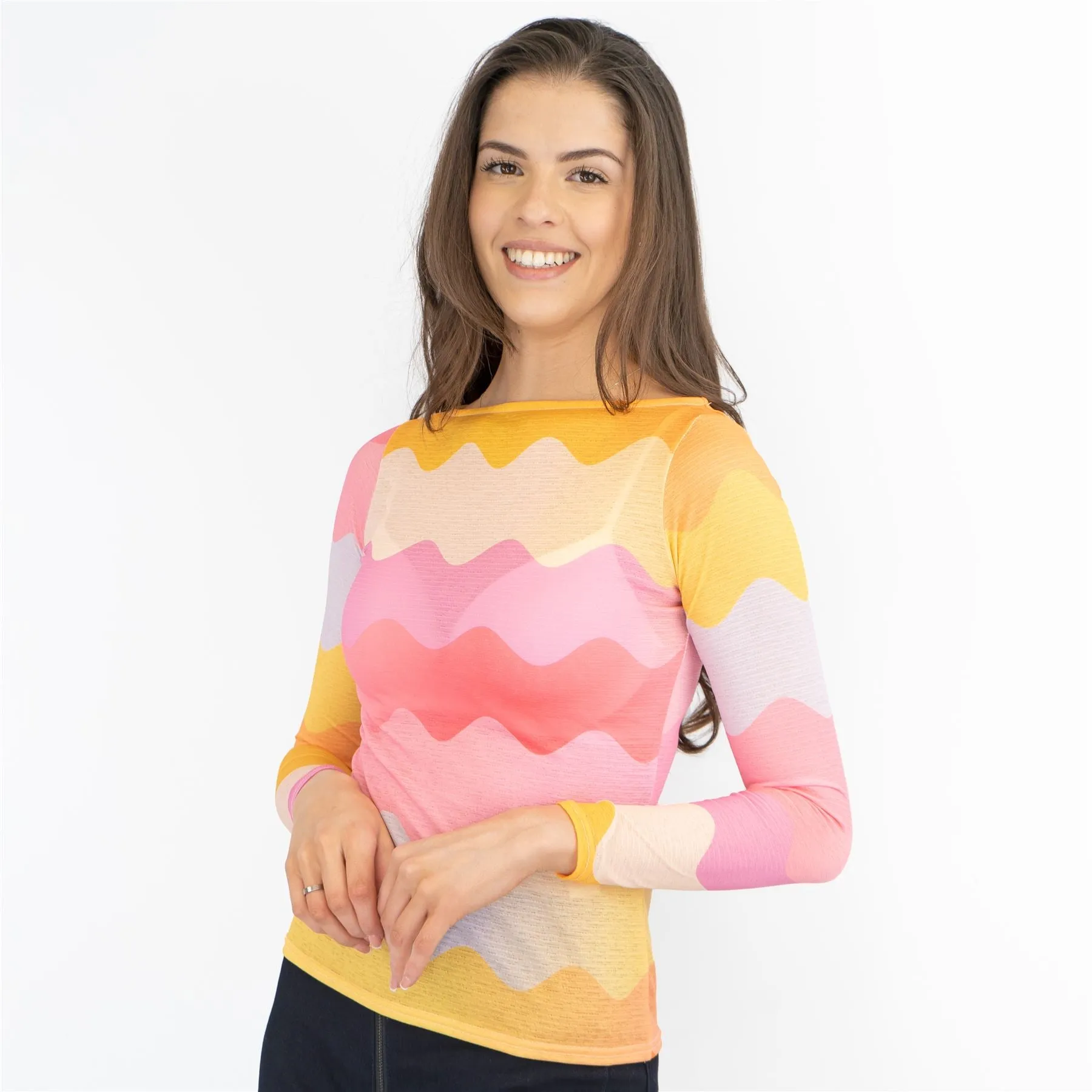 Coast Pink Chevron Print Long Sleeve Boat Neck Mesh Tops