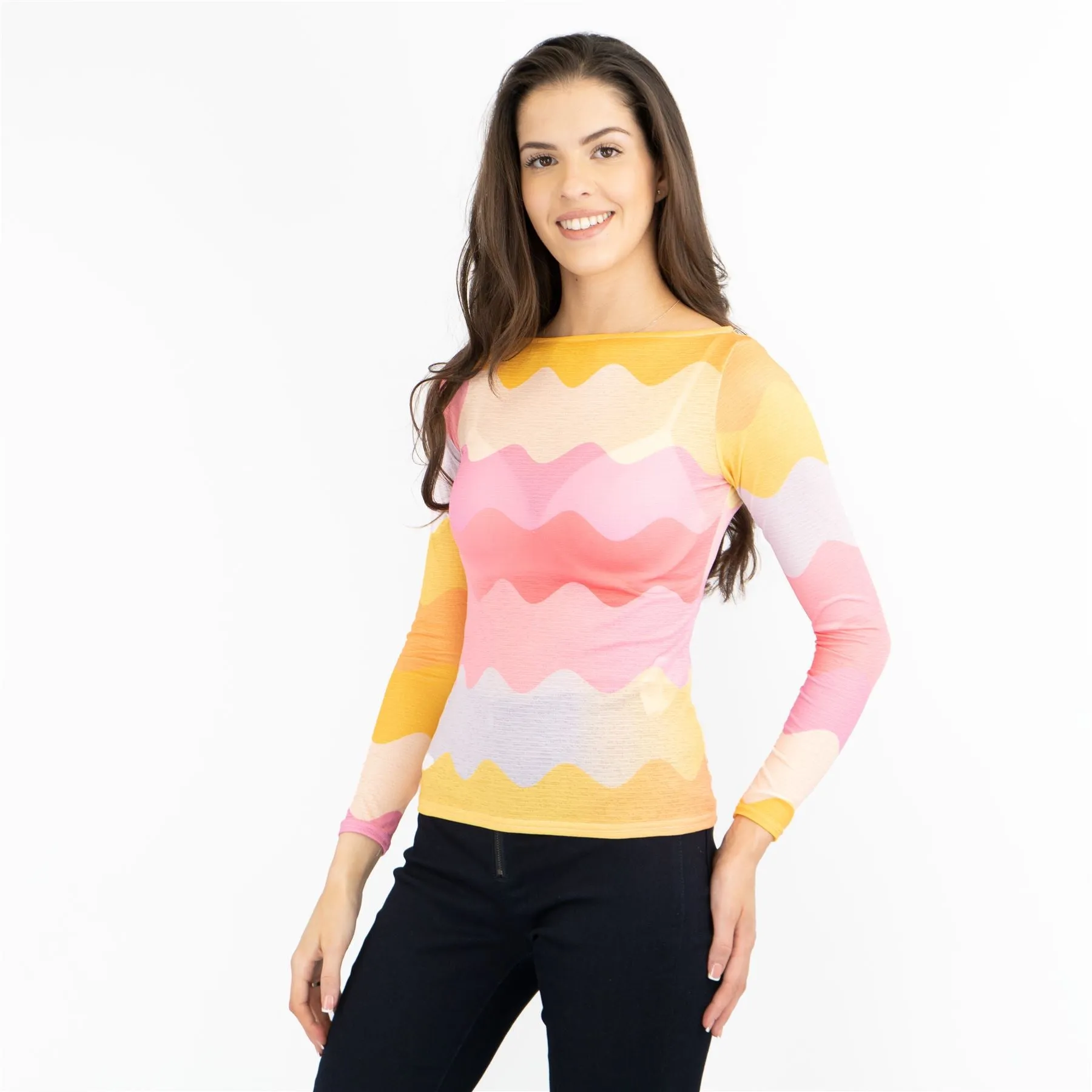 Coast Pink Chevron Print Long Sleeve Boat Neck Mesh Tops