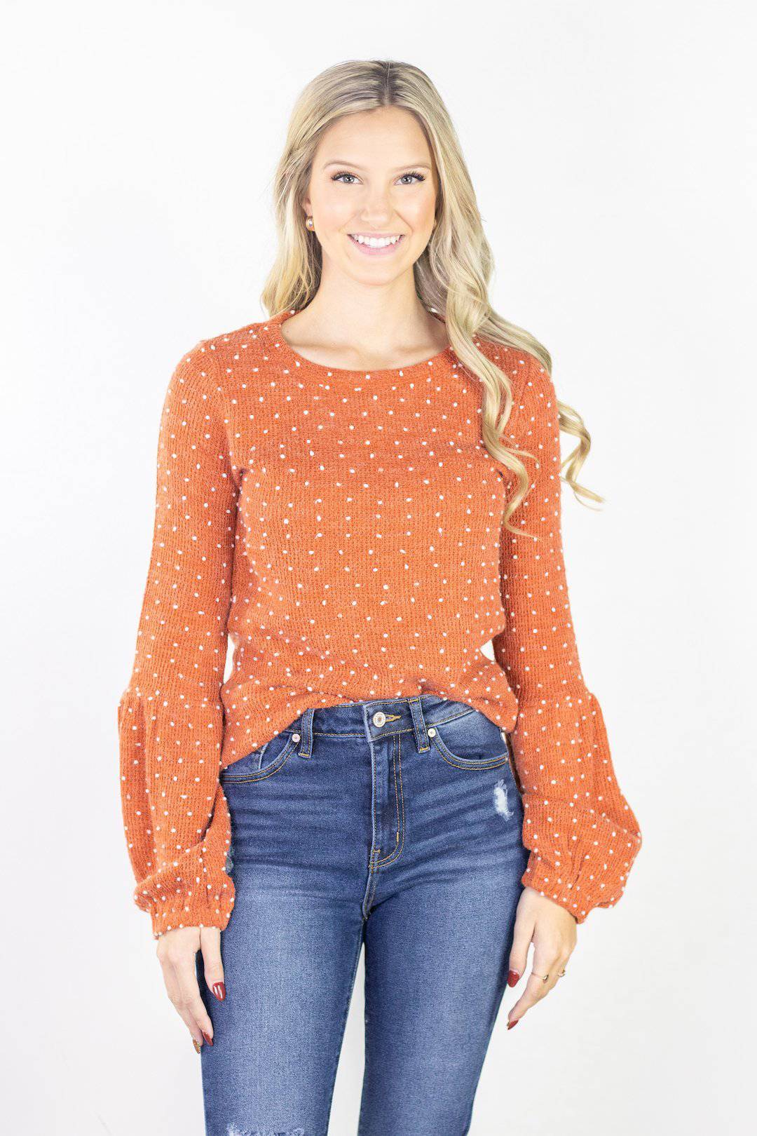 Cognac Balloon Sleeve Pom Pom Sweater