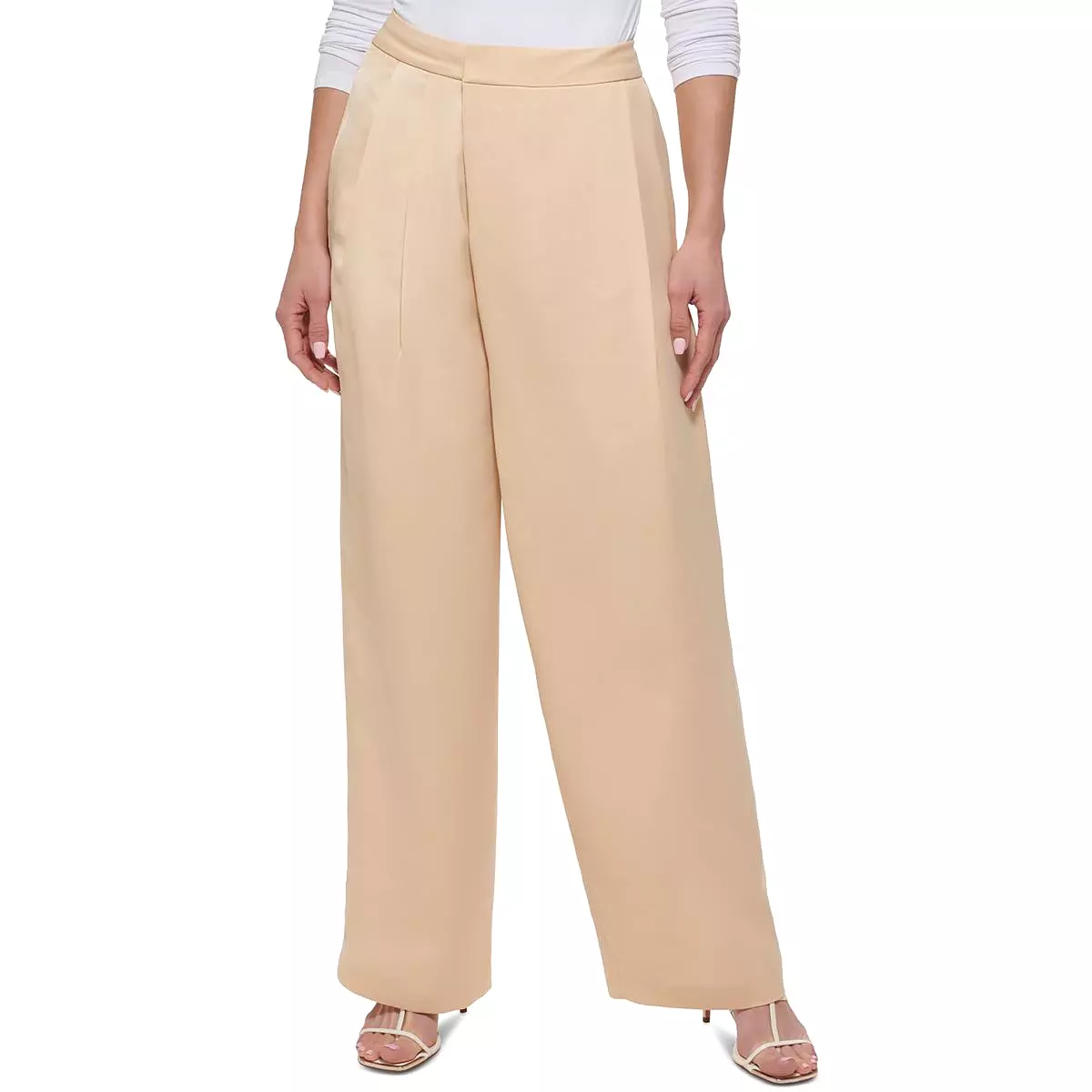 DKNY Womens Plus High Rise Pleated Wide Leg Pants