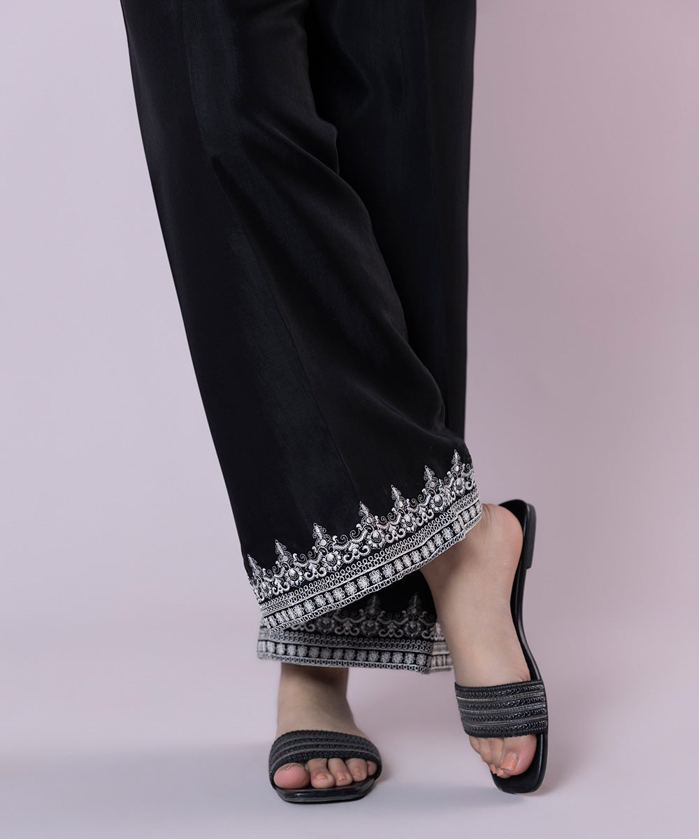 Embroidered Raw Silk Pants