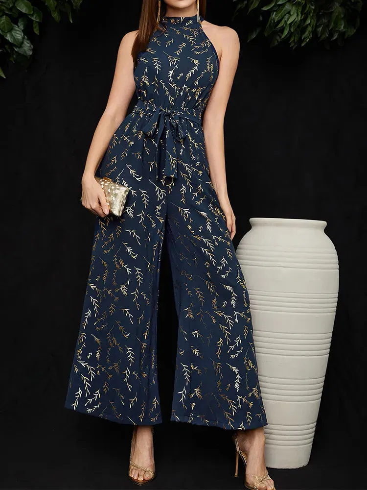 Halter Neck Tie Back Belted Wide Leg Jumpsuit Women