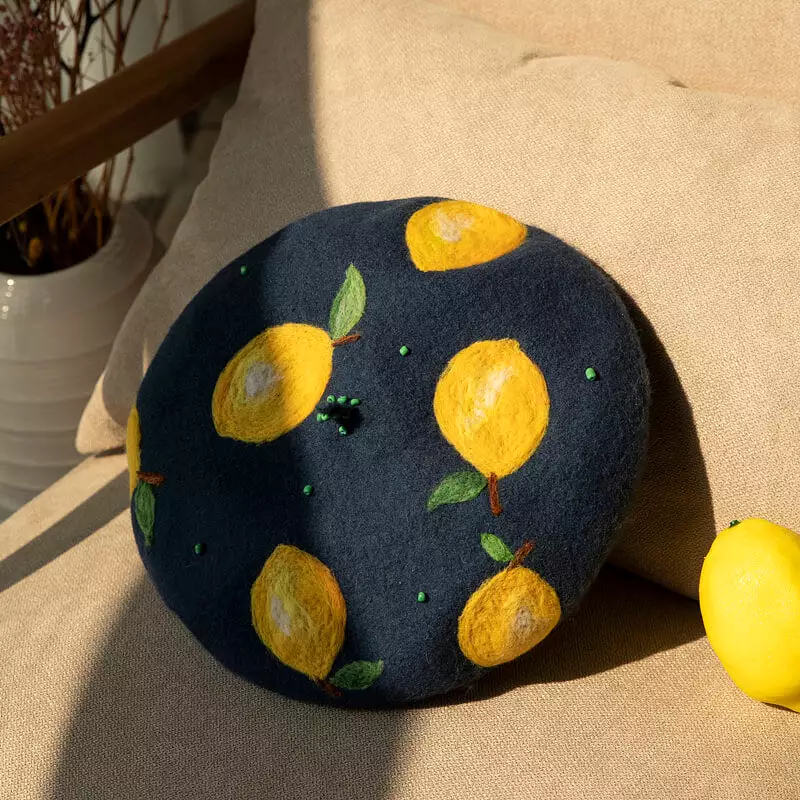 Handmade wool felt lemon Beret by0148