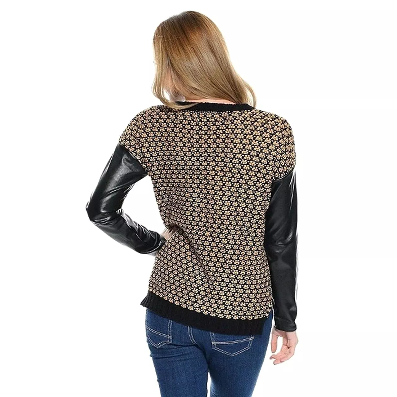 Juniors faux leather sleeve knitted sweater