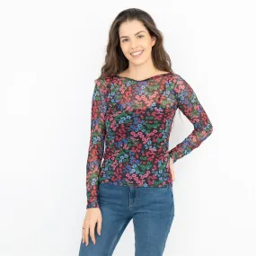 Karen Millen Black Floral Long Sleeve Boat Neck Mesh Tops