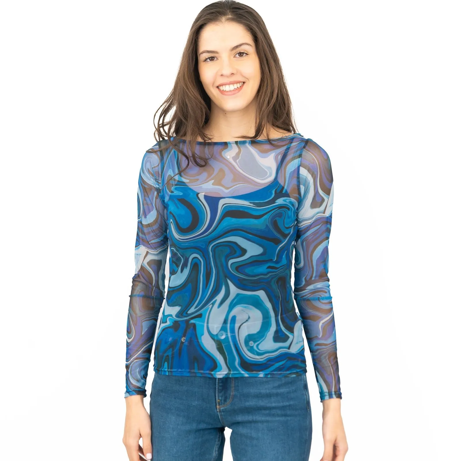 Karen Millen Blue Abstract Print Long Sleeve Mesh Tops