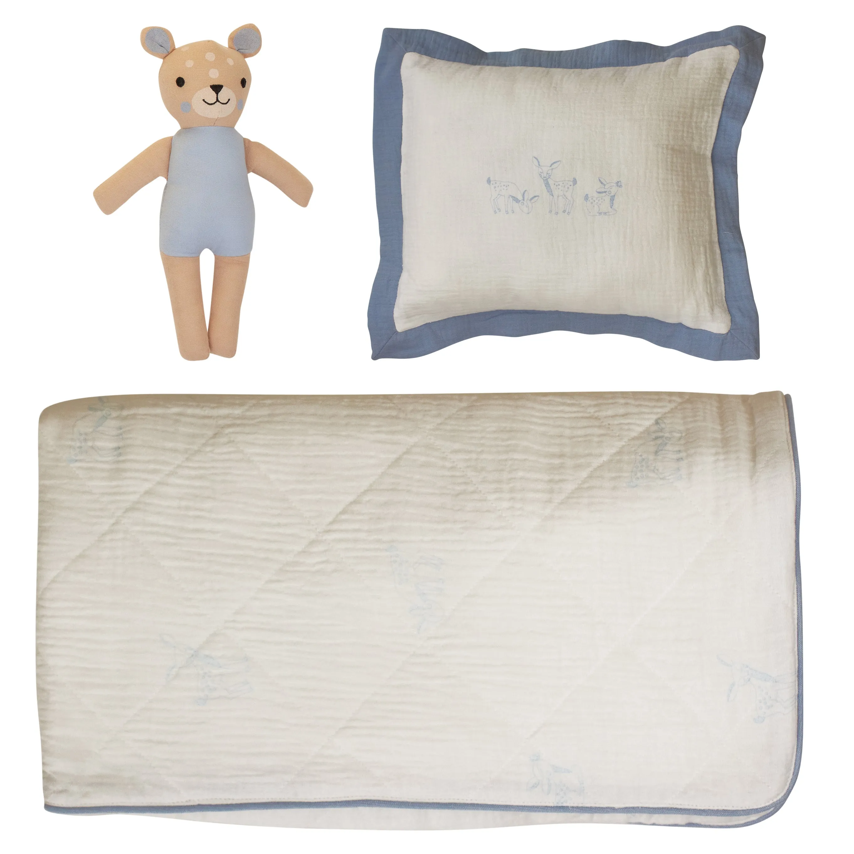 Kipp Baby Blue Fawn Padded Crib Blanket with Matching Pillow and Doll