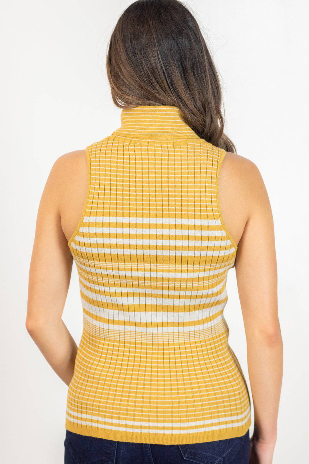 Mustard/Grey Striped Turtle Neck Sleeveless Top