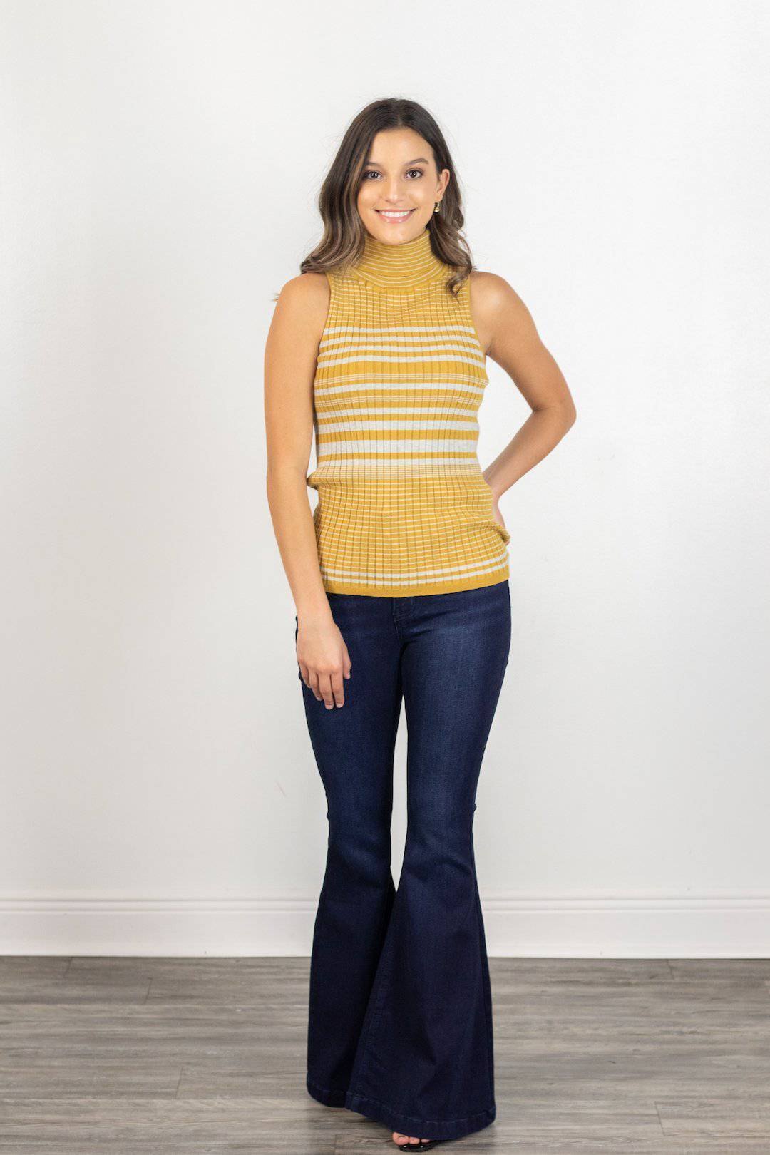 Mustard/Grey Striped Turtle Neck Sleeveless Top