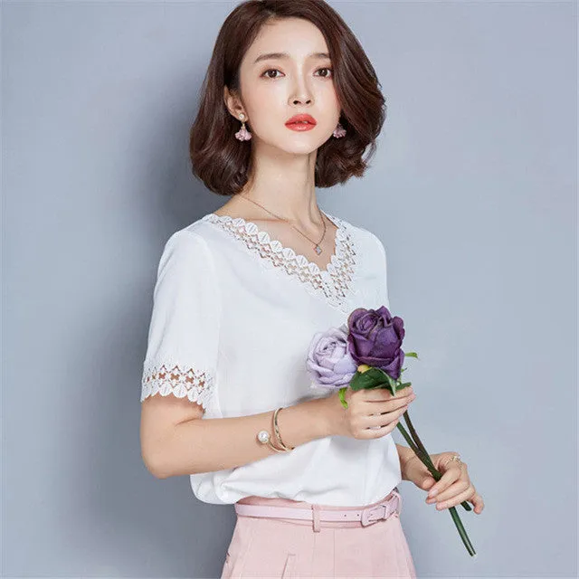 New Autumn New Shirt Fashion Casual Female Short Sleeve Women Blouse V-neck Plus Size Lace Tops 71823 GS