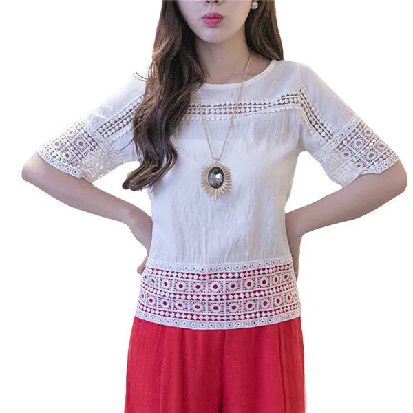 New Fashion Short Sleeve Plus Size T-shirts Female T shirts S-2XL Lace Tops Women Clothing 71060 GS