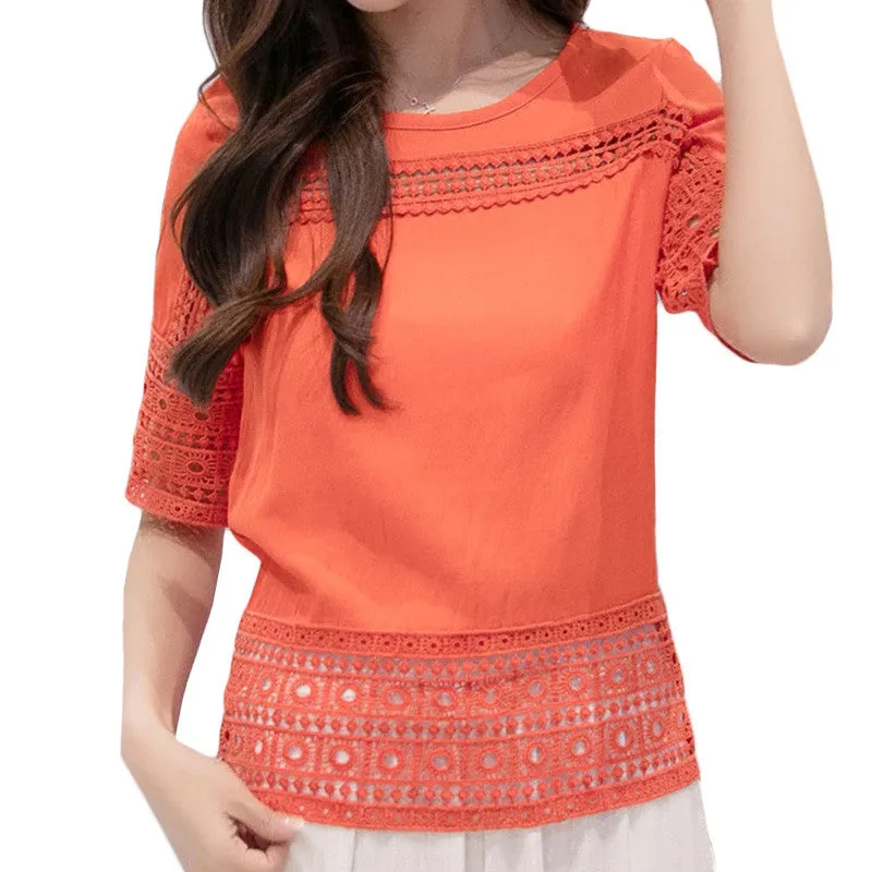 New Fashion Short Sleeve Plus Size T-shirts Female T shirts S-2XL Lace Tops Women Clothing 71060 GS