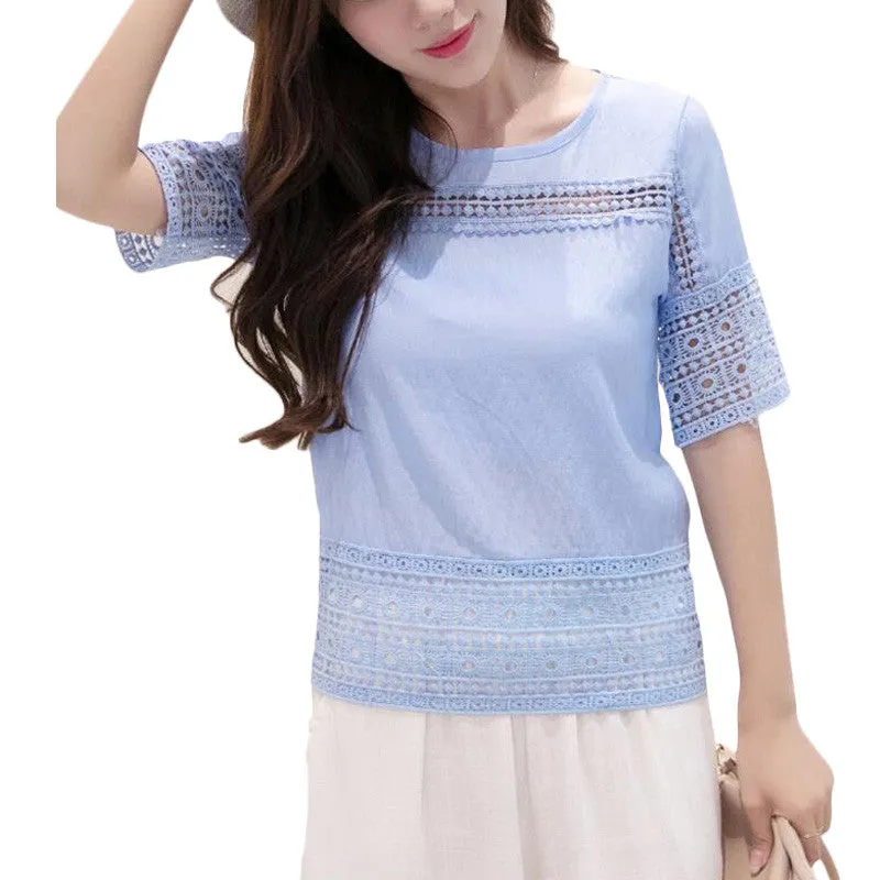 New Fashion Short Sleeve Plus Size T-shirts Female T shirts S-2XL Lace Tops Women Clothing 71060 GS