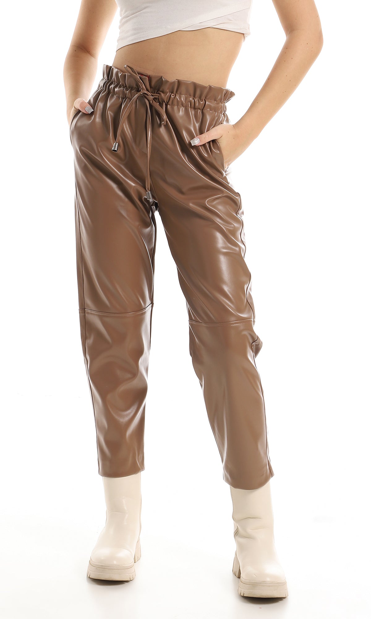 O157156 High Waist Leather Trousers With Adjustable Waist Drawstrings- Coffee