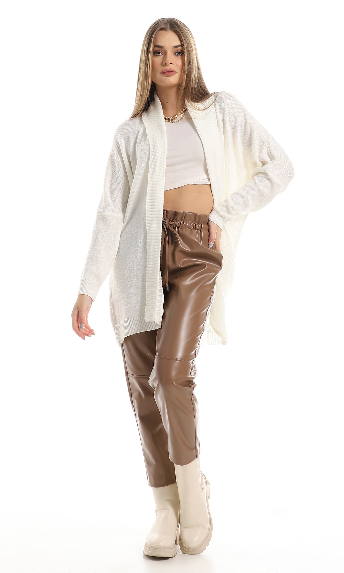 O157156 High Waist Leather Trousers With Adjustable Waist Drawstrings- Coffee