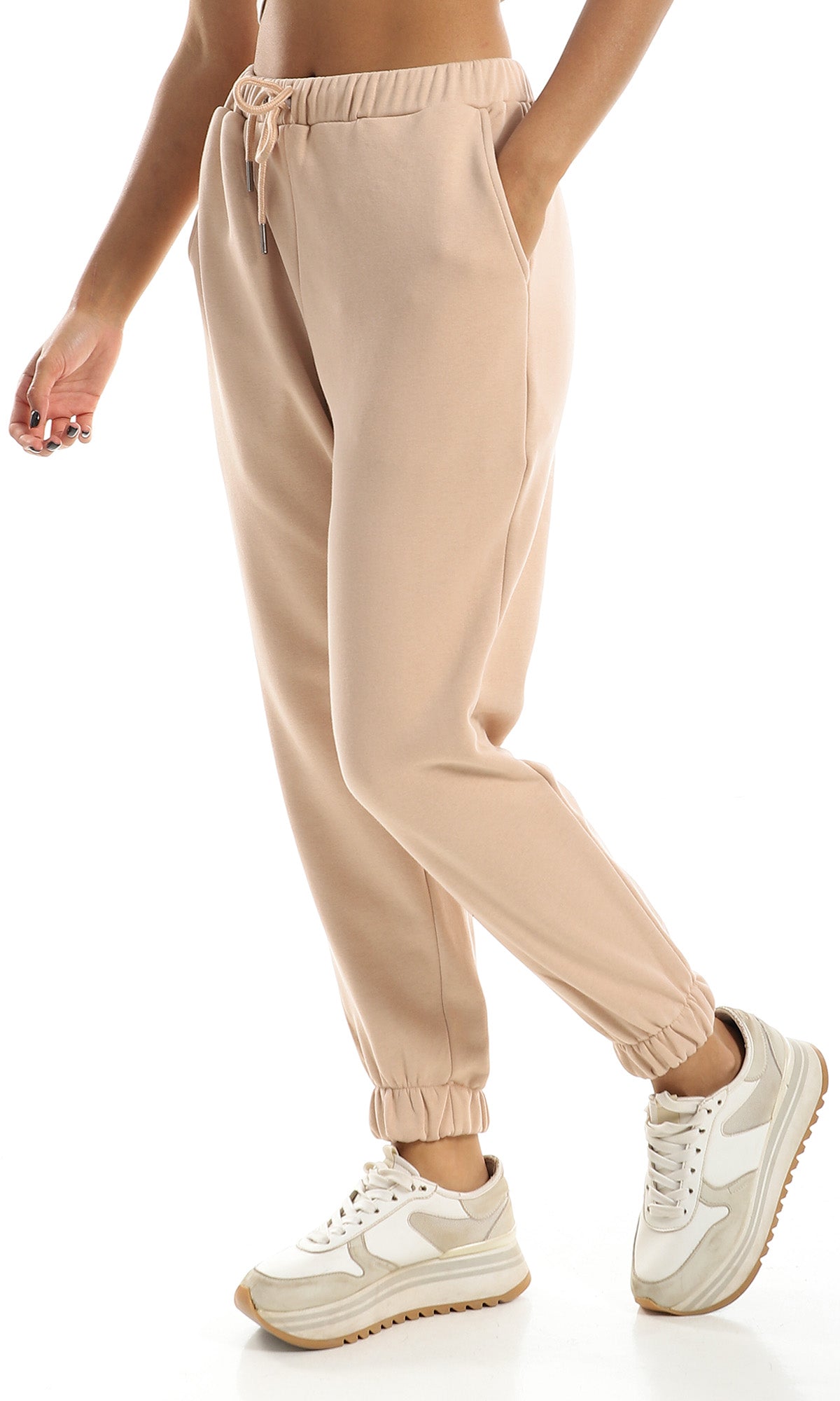 O158167 Elastic Hem Light Beige Jogger With Side Pockets