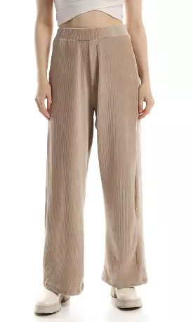 O162655 Ribbed Velvet Elastic Waist Pants - Beige