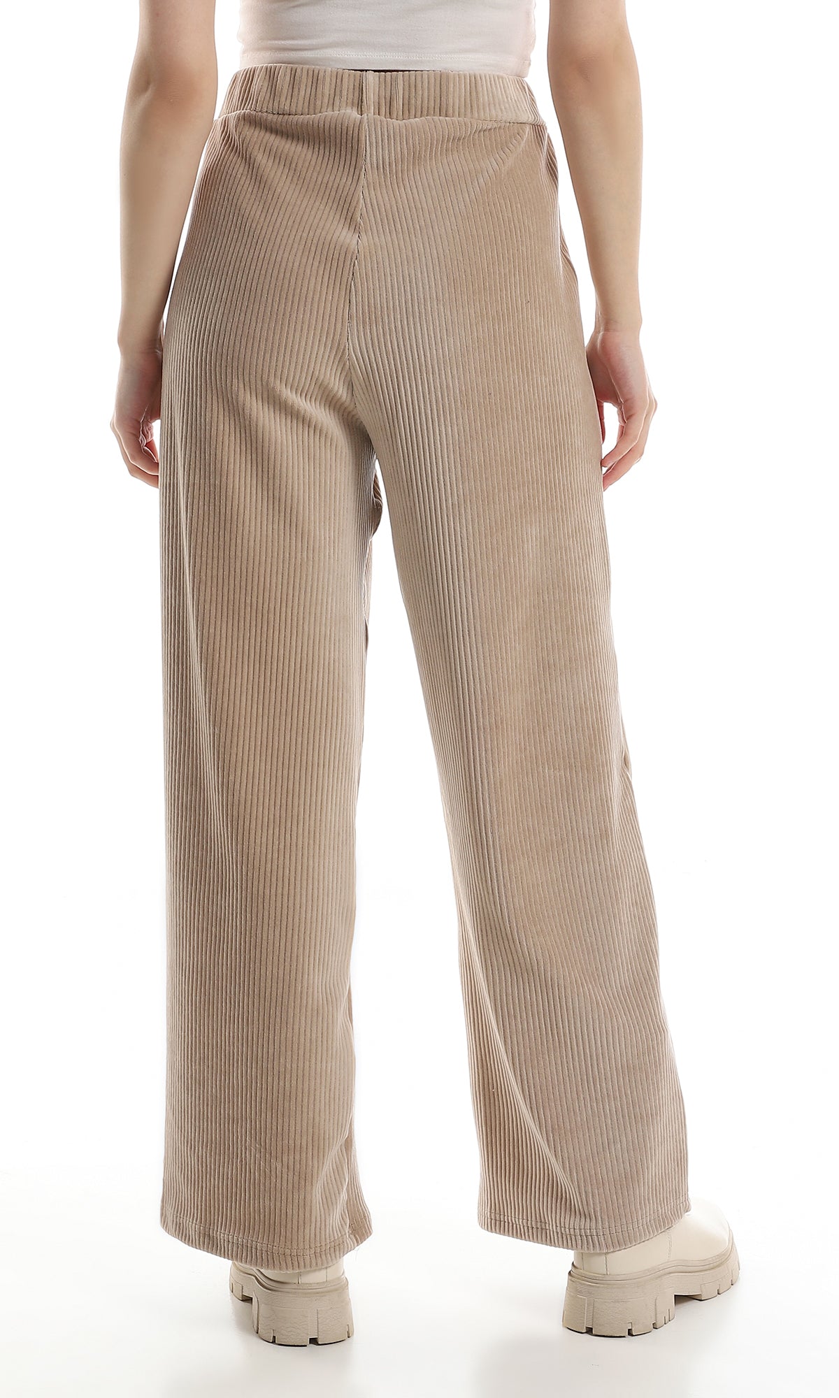 O162655 Ribbed Velvet Elastic Waist Pants - Beige