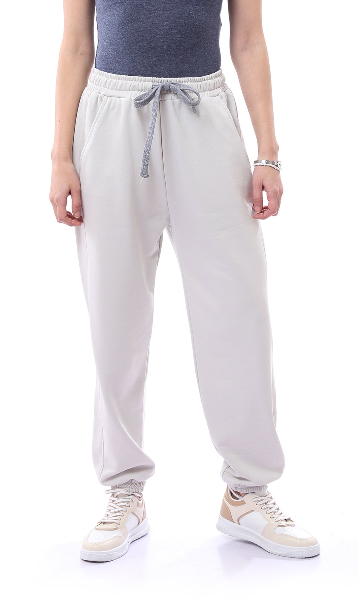 O165845 Elastic Waist With Drawstring Light Grey Sweatpants