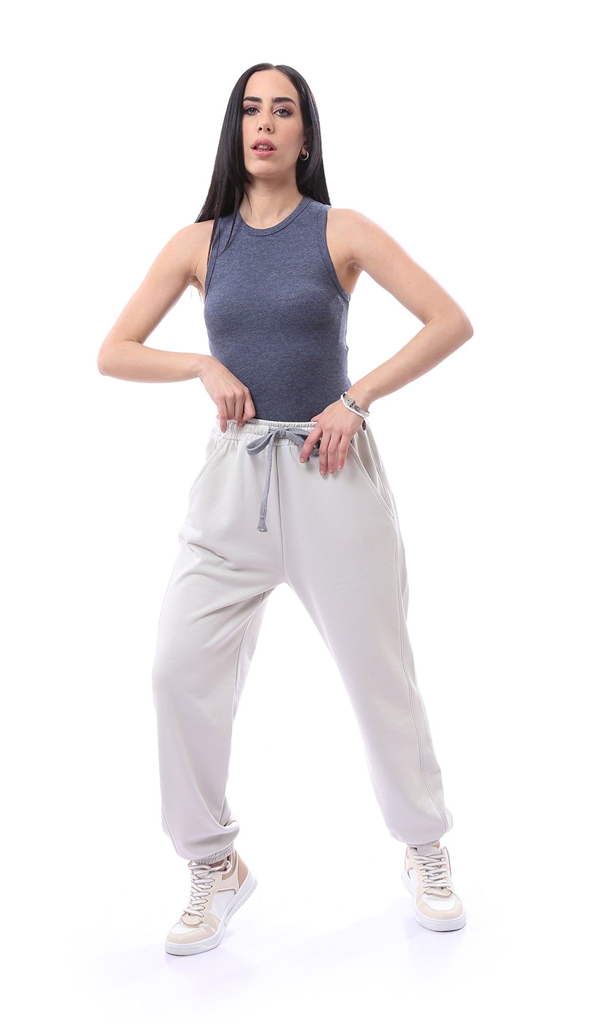 O165845 Elastic Waist With Drawstring Light Grey Sweatpants