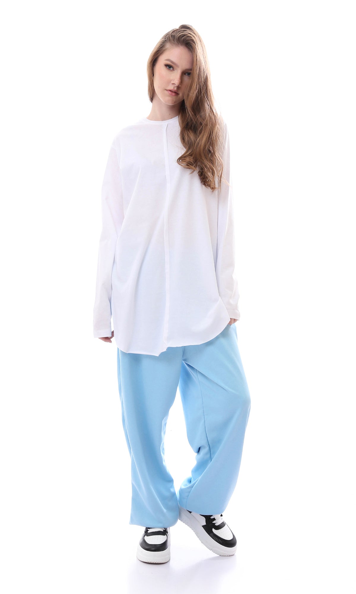 O165861 Relaxed Fit Baby Blue Pants With Elastic Waist & Hem