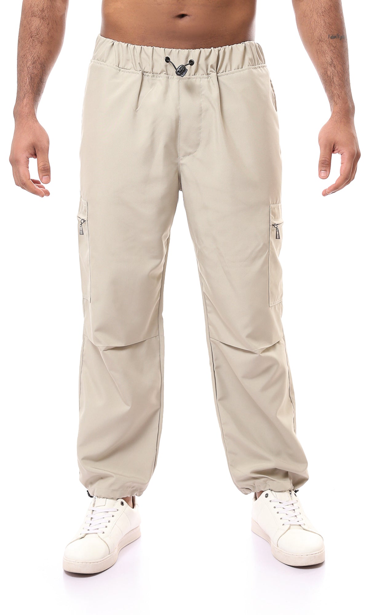 O167936 Slip On Casual Beige Pants With Adjustable Hem