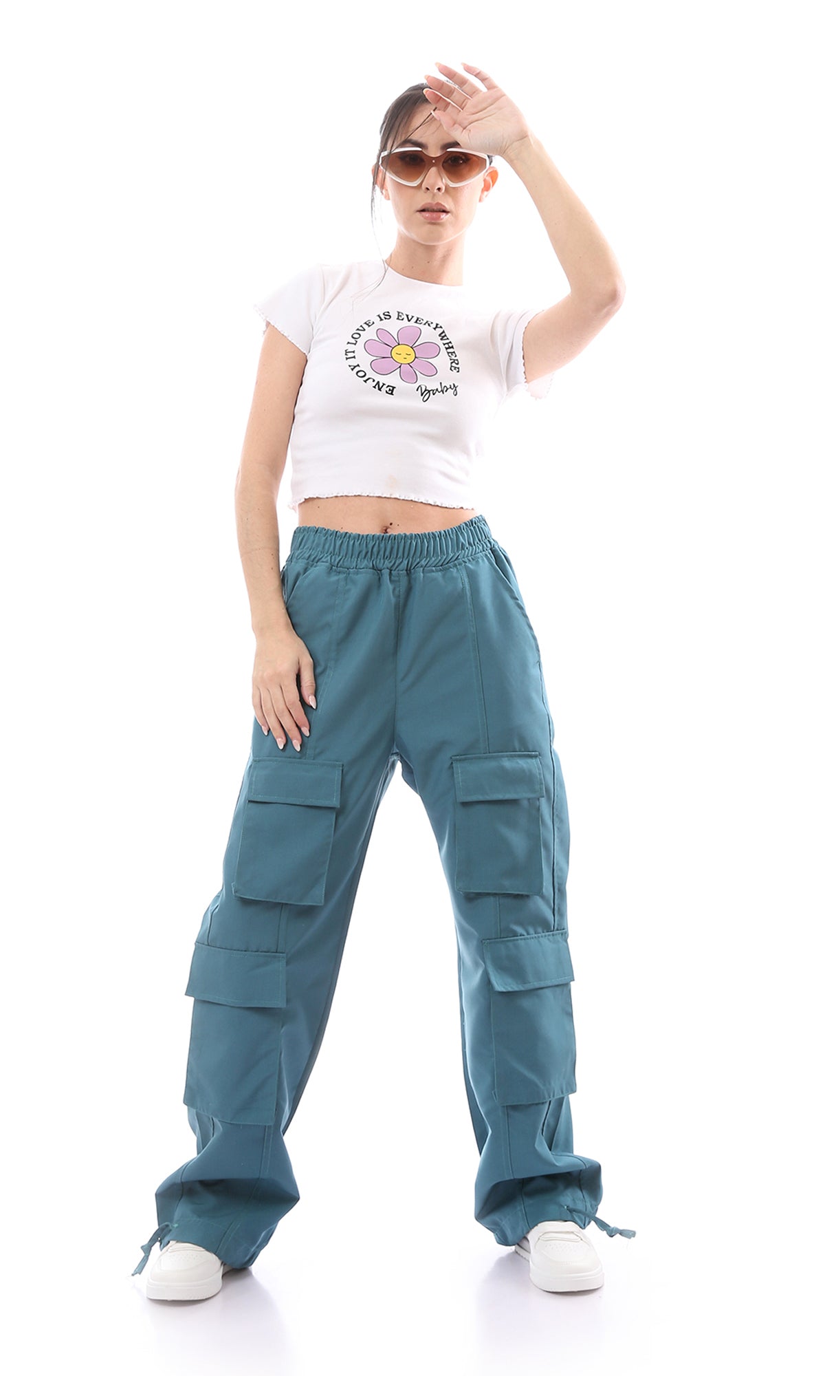 O168060 Elastic Waist Dockside Blue Cargo Pants With 6 Pockets