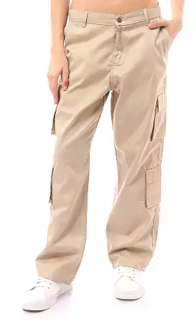 O169941 Casual Solid Beige Cargo Pants With Multi-Pockets