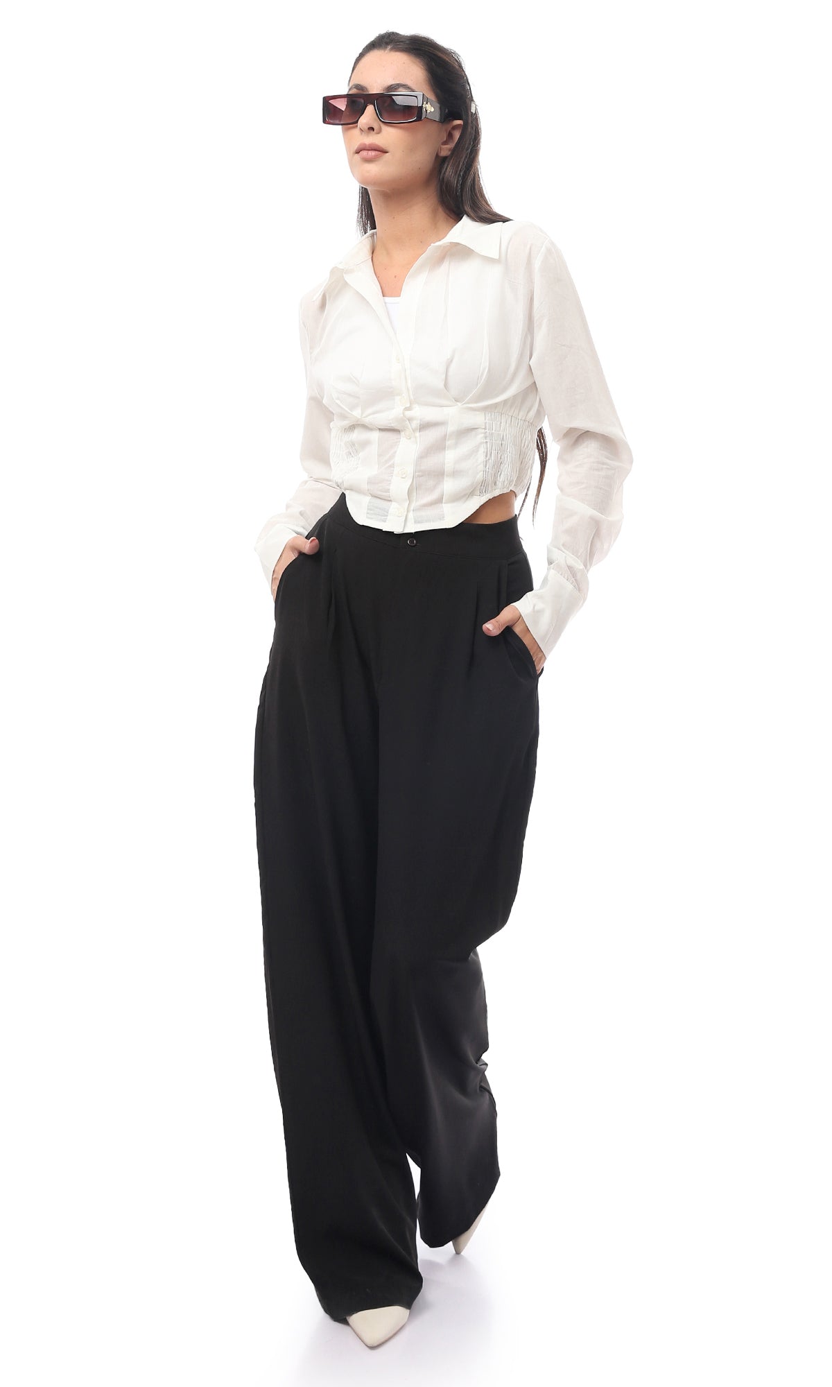 O170002 Fly Zipper Buttoned Black Polyester Trousers