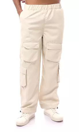 O170579 Elastic Waist Beige Solid Cargo Pants