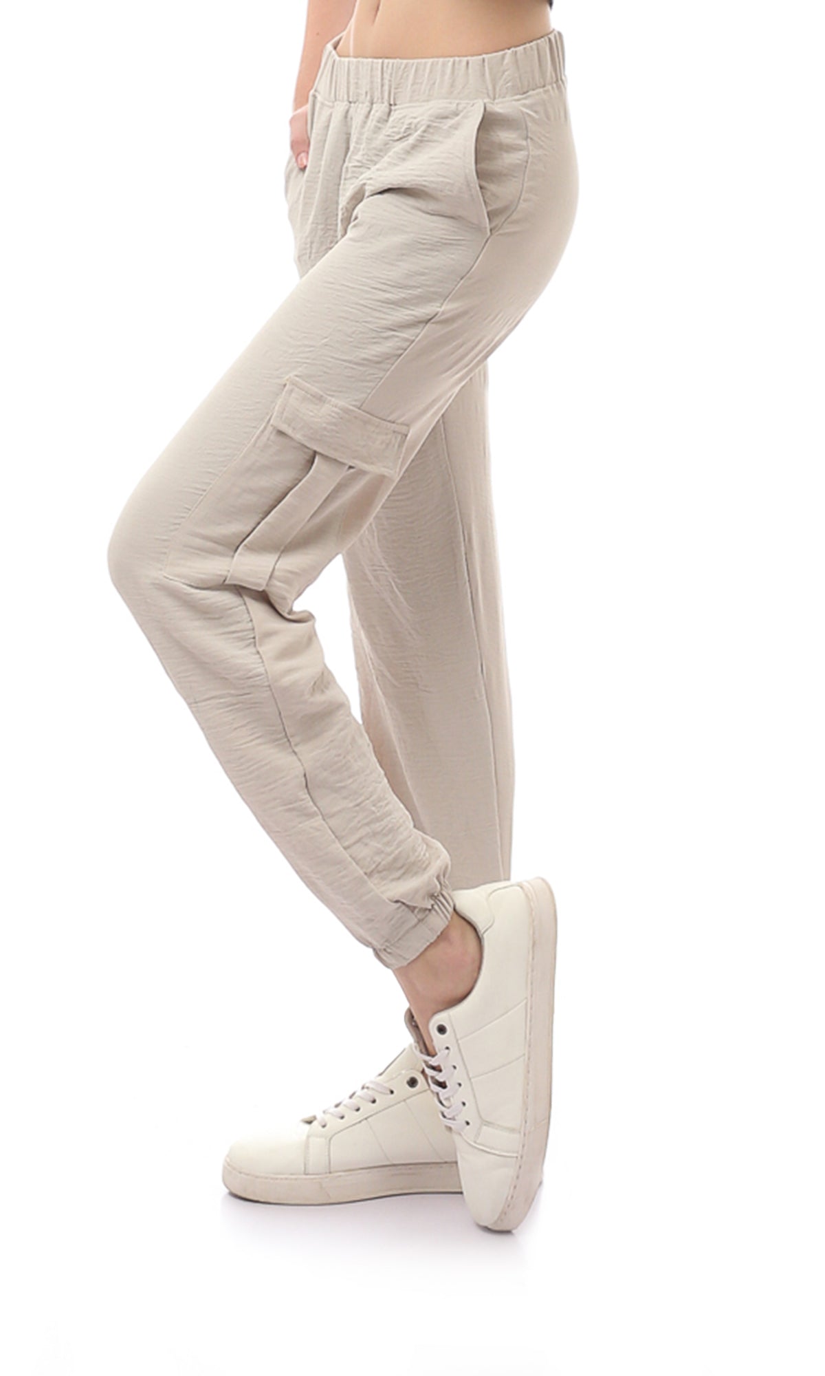 O170596 Beige Comfy Elastic Waist With Hem Trousers