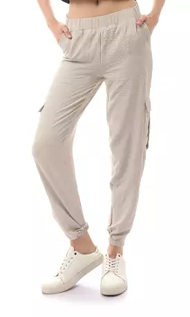 O170596 Beige Comfy Elastic Waist With Hem Trousers