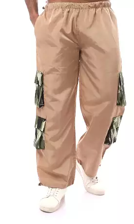 O174054 Adjustable Elastic Waist Waterproof Camel Cargo Pants