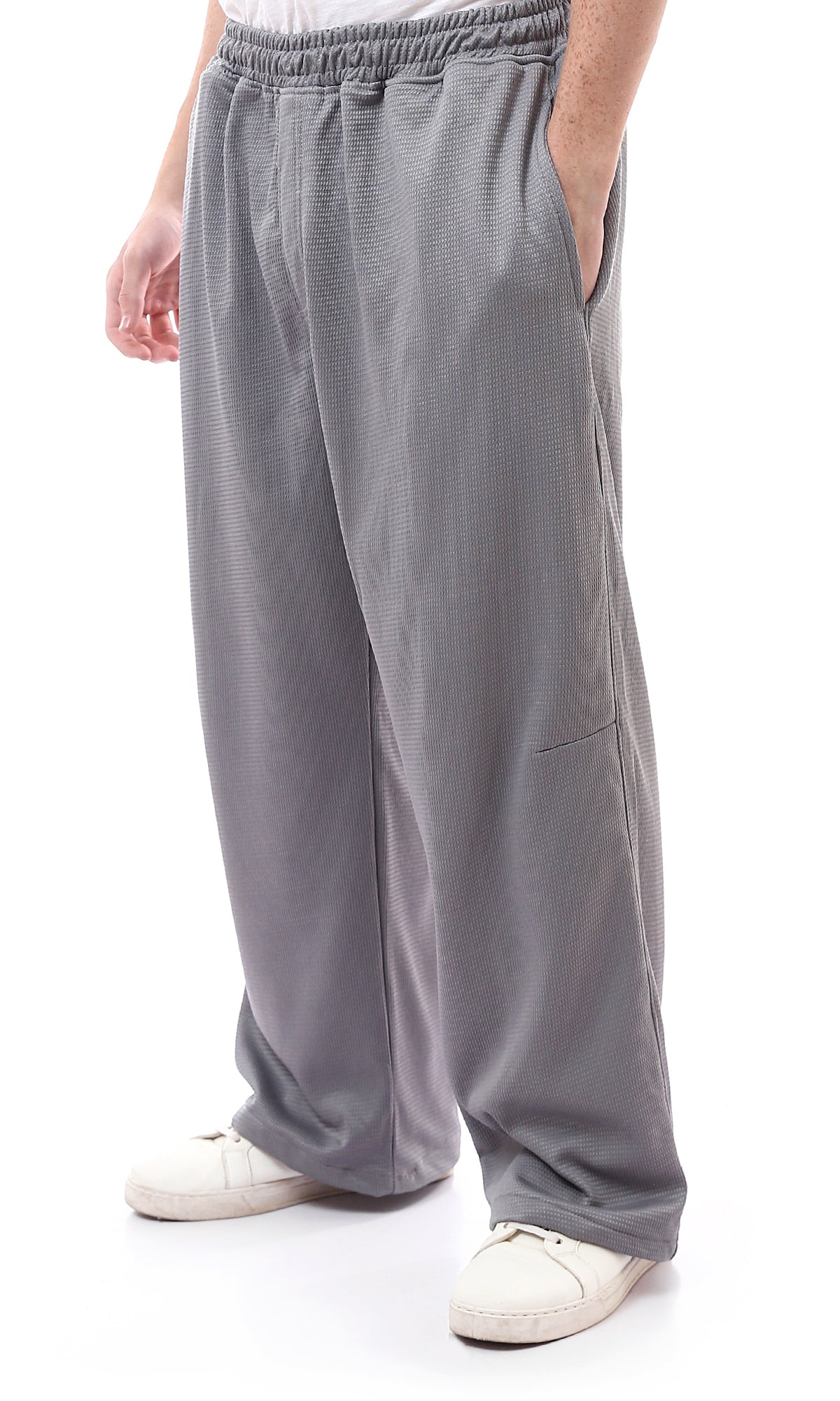 O175751 Bird'S Eye Grey Cotton Pants With Elastic Waist