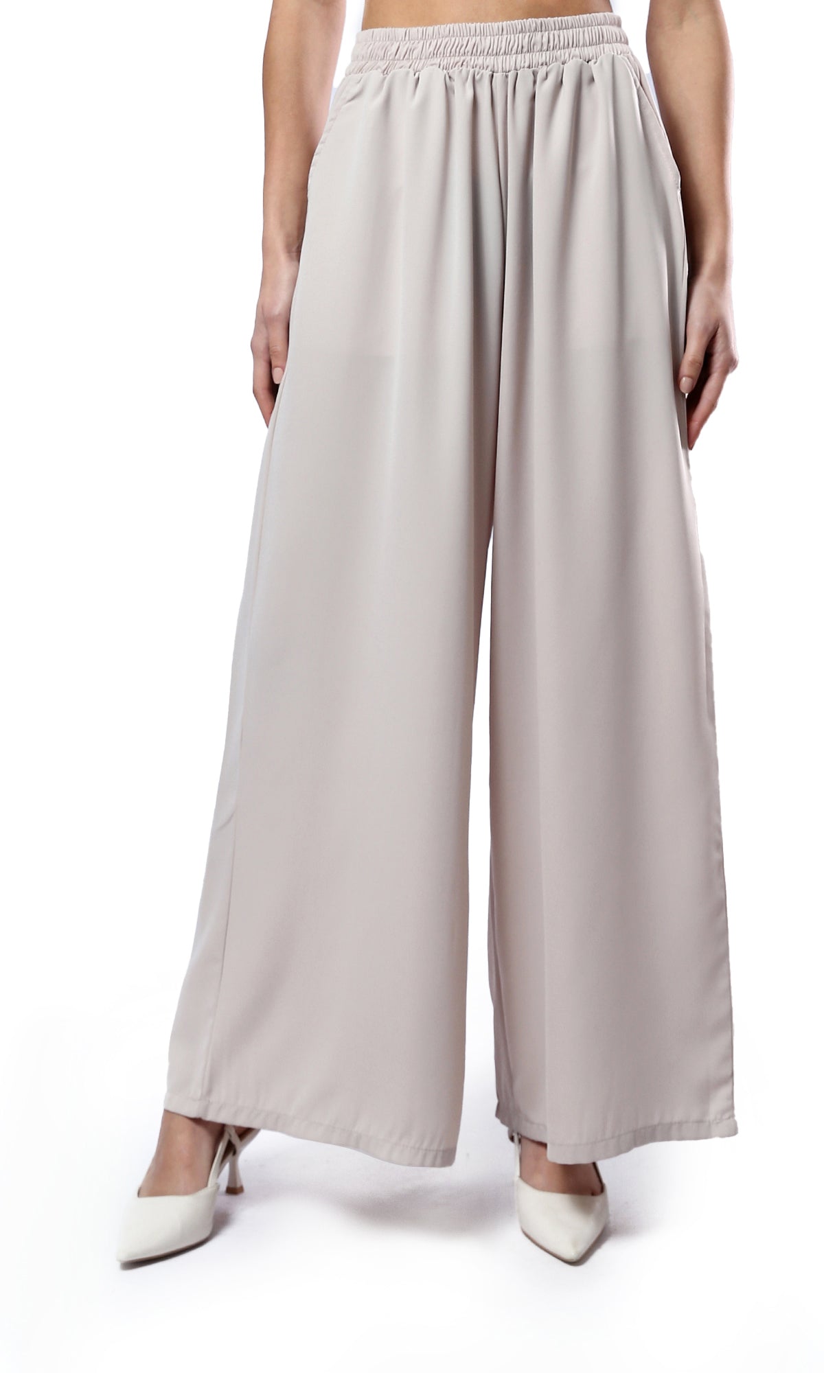 O179827 Slip On Solid Wide Leg With Side Pockets - Beige