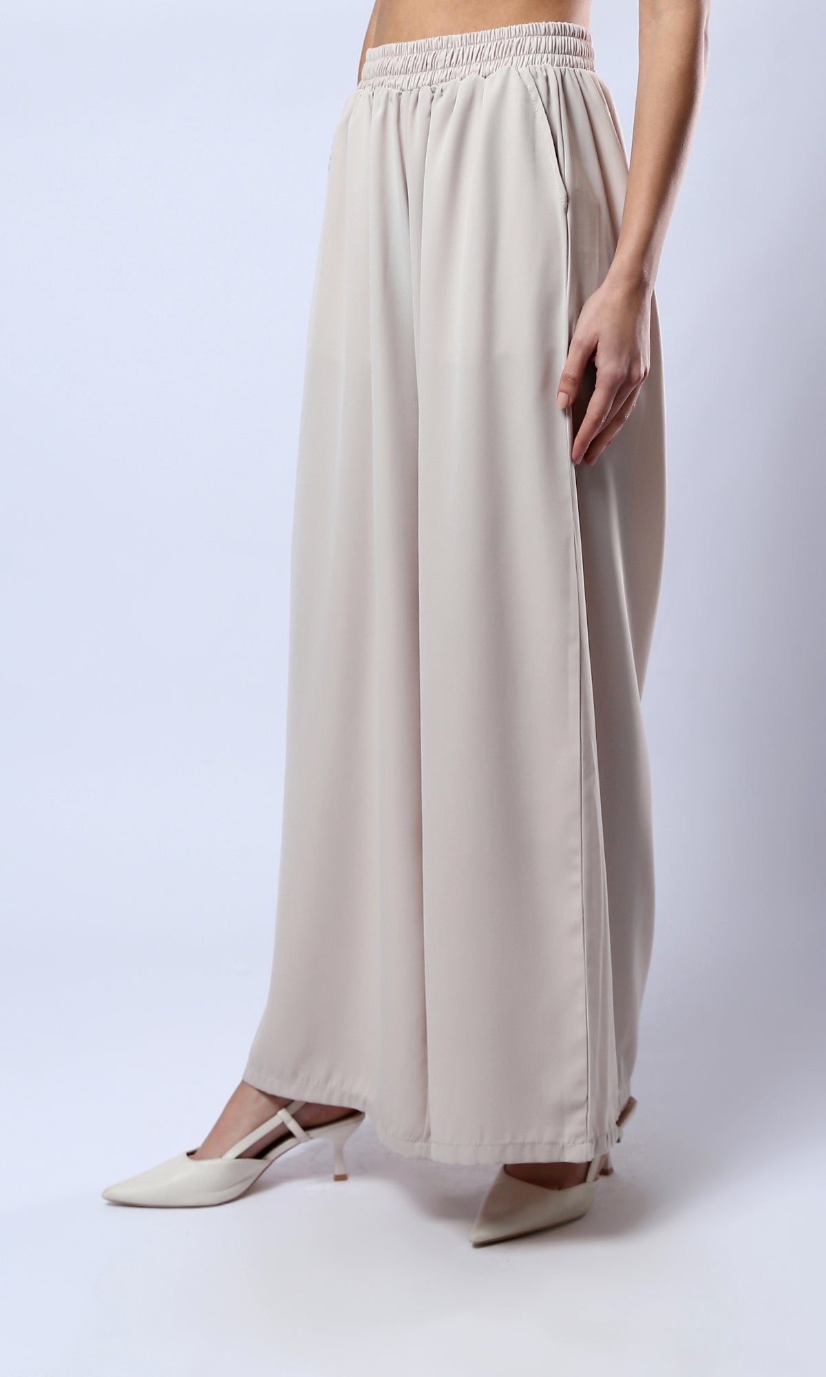 O179827 Slip On Solid Wide Leg With Side Pockets - Beige