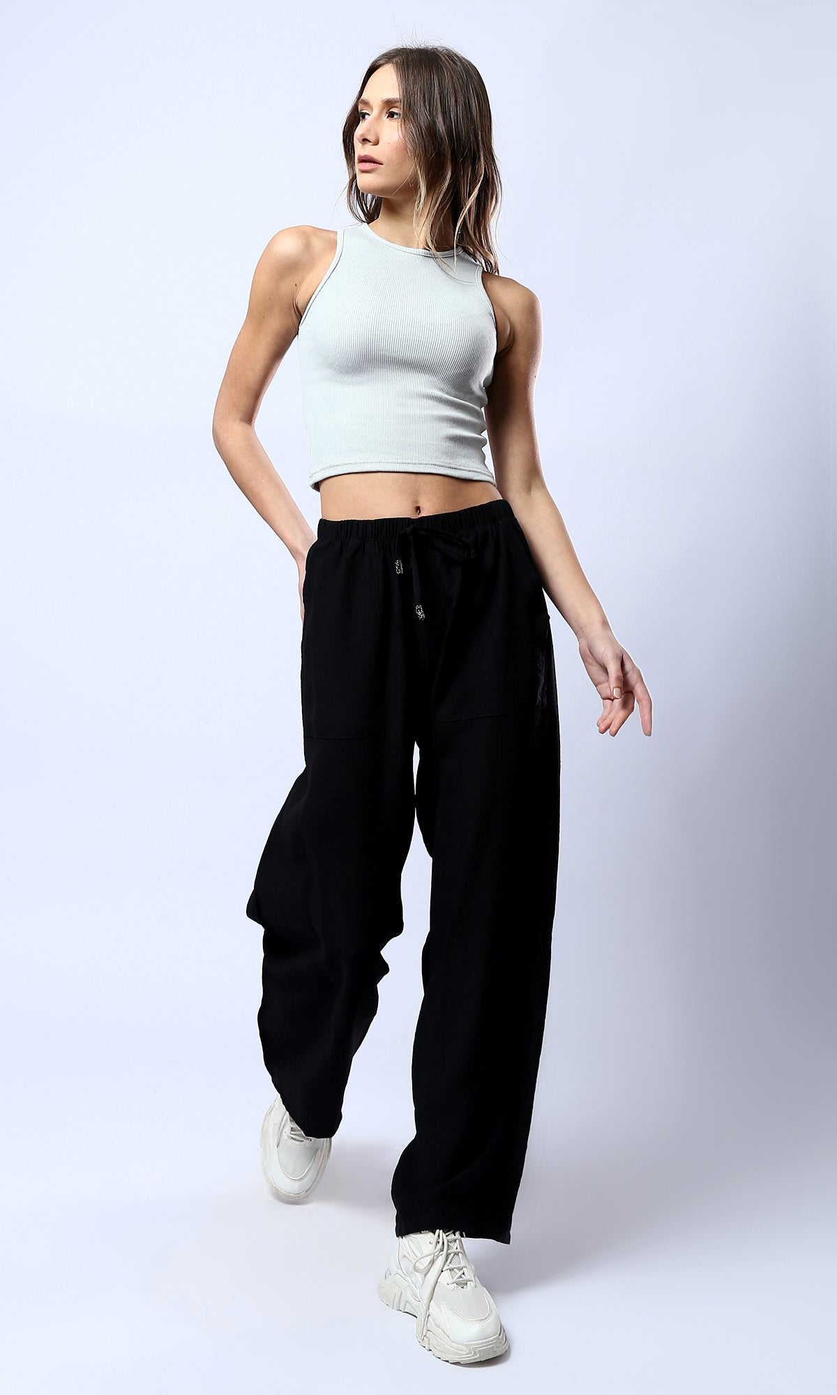 O179837 Wide Leg Black Pants With Elastic Waist