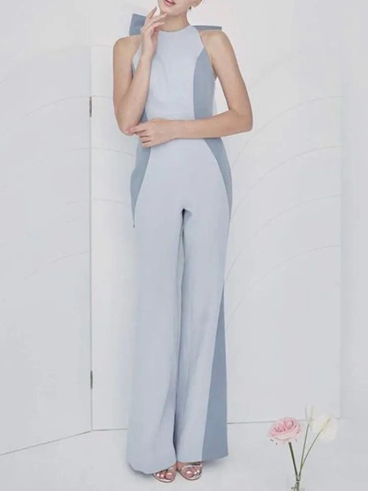 Patchwork Bow Backless Jumpsuits For Women Round Neck Sleeveless High Waist Colorblock Slim Jumpsuit Female Summer Clothes