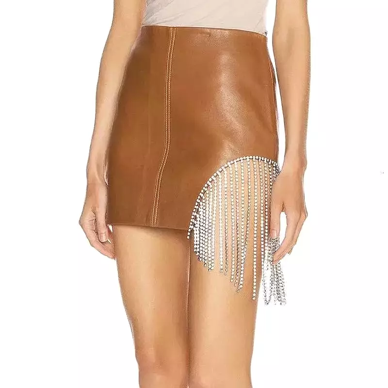 PU Leather Mini Skirt With Crystal Tassels