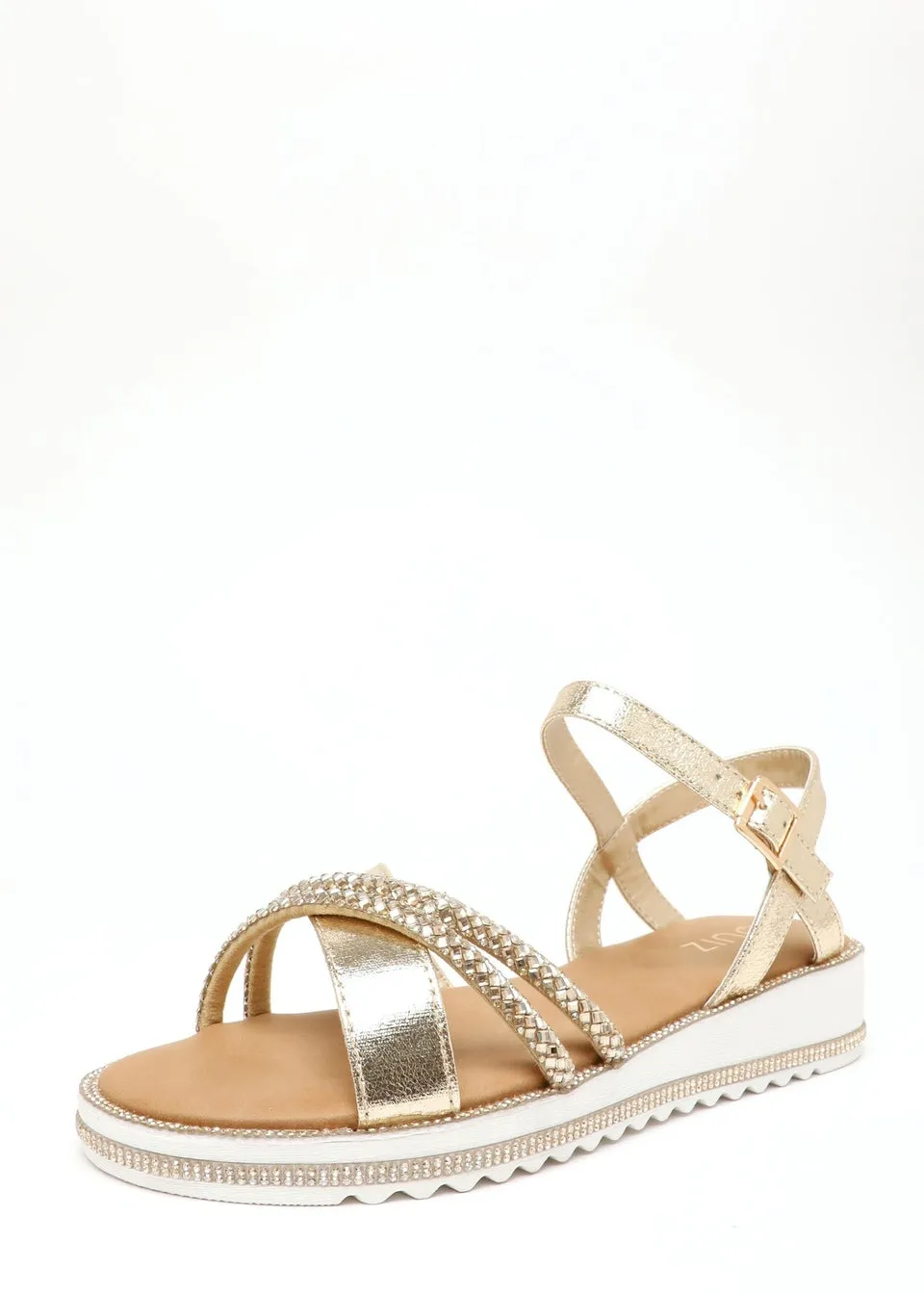 Quiz Gold Foil Diamante Cross Strap Sandals